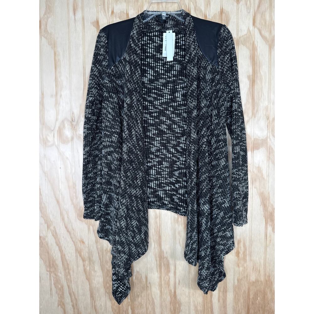 Aqua NWT Crochet Knit Cardigan Small Black White Faux Leather Shoulder Trim